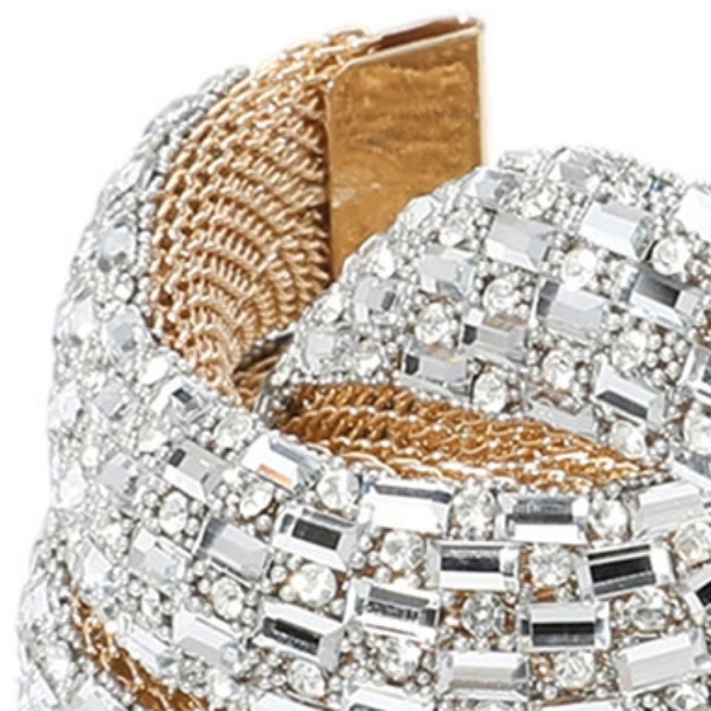 Gold Wide Crystal Emerald Cut Stone Knot Statement Bling Chunky Cuff Bracelet - Picture 4 of 4